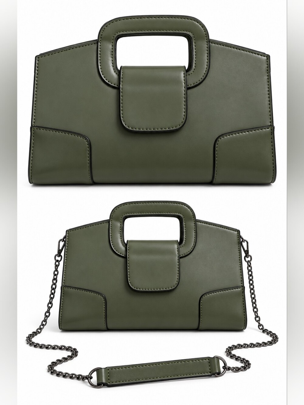 Olive Green Structured Clutch Gunmetal Chain Shoulder Bag, East West